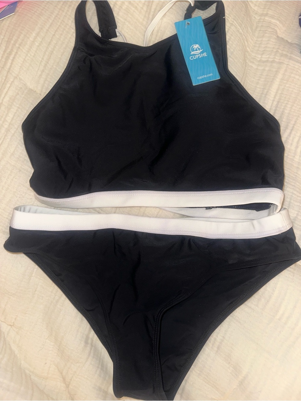 CUPSHE SWIM Black Bikini Set with White Band Cross Straps Back - NWT Medium